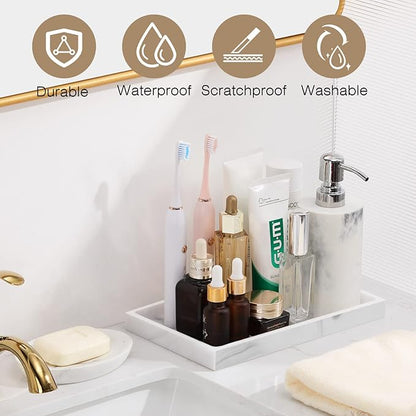 Luxspire Bathroom Vanity Tray, Resin Dresser Jewelry Ring Dish Tank Storage Kitchen Sink Countertop Organizer Plate Holder for Perfume Candles Soap Towel Plant Bathroom Accessories, M, White Marble