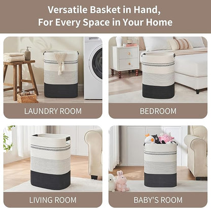 AINUOQI Laundry Basket with Handles - Blanket Basket & Hampers for Bedroom Aesthetic, Laundry Hamper & Blanket Storage for Living Room, Clothes Hamper, Tall, Large 17" x 14" x 22”, Black & White