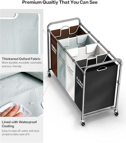 ROMOON Laundry Hamper Sorter Cart: 4-Section Organizer with Heavy-Duty Lockable Wheels and Removable Bags | 180L Rolling Laundry Basket for Dirty Clothes in Laundry Room or Small Spaces (Multicolor)