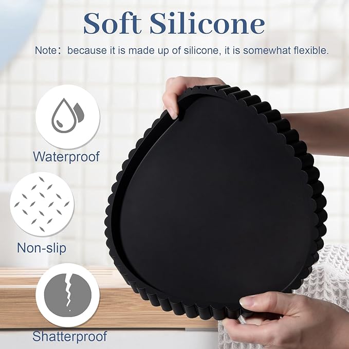 Round Bathroom Tray Silicone Kitchen Counter Decor Vanity Organizer Decorative Coffee Table Tray for Perfume, Candle, Soap Dish, 9 Inch, Black