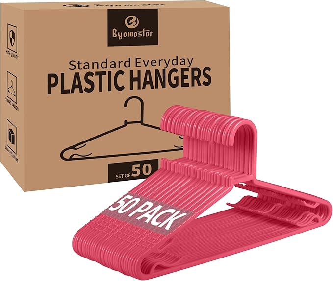 Byomostor Plastic Hangers 50 Pack, Light Weight Durable Clothes Hangers with Hooks Standard Size G-Shape&Non-Slip Coat Hangers for Everyday Use (Pink)