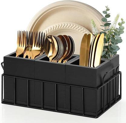 Silverware Holder for Party, Wood Utensil Holder with 4 Removable Compartments for Countertop, Silverware Caddy Flatware Organizer Box for Utensil Spoons Forks Plates Napkin, Detachable Sevring Caddy