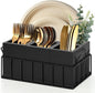 Silverware Holder for Party, Wood Utensil Holder with 4 Removable Compartments for Countertop, Silverware Caddy Flatware Organizer Box for Utensil Spoons Forks Plates Napkin, Detachable Sevring Caddy