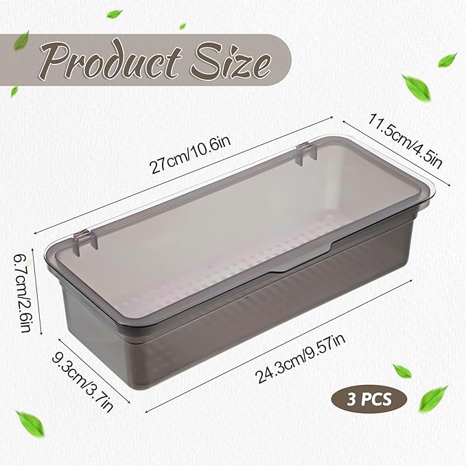 3Pcs Flatware Tray with Lid and Drainer Silverware Tray Kitchen Dinnerware Holder Box Utensil Storage Container Drawer Organizer for Home and Travel