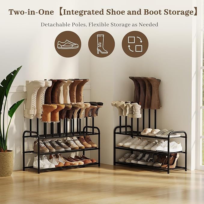 Kitsanery Shoe Rack - 3-Tier Metal Boot Rack Organizer for Entryway, Closet & Garage, Free Standing Shoe Shelf for Storage Tall Boots, Sneakers, Cowboy Boots, Black (Large - 8 Pairs)