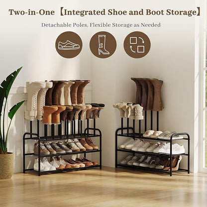 Kitsanery Shoe Rack - 3-Tier Metal Boot Rack Organizer for Entryway, Closet & Garage, Free Standing Shoe Shelf for Storage Tall Boots, Sneakers, Cowboy Boots, Black (Large - 8 Pairs)