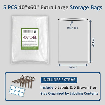 Wowfit 5 CT 40x60 inches Extra Large Clear Plastic Bags Perfect for Car Seat, Luggage, Suitcase, Stroller, Chair, Kids Bike and Attic Storage (2 Mil Flat Bags)