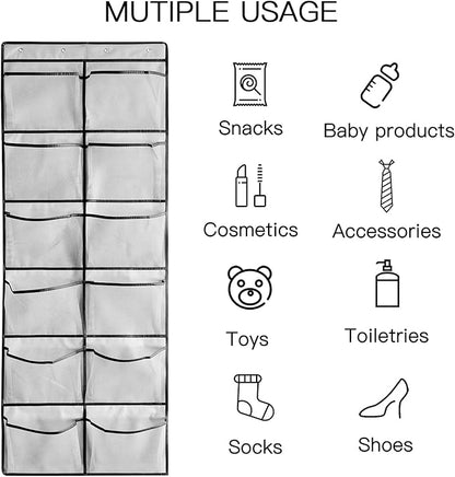 1 Pack 12 Breathable Mesh Pockets Large Hanging Shoe Organizer Over The Door Shoe Rack for Closet Door Storage Shoe Holder Hanger, 4Hooks, Grey (59'' x 21.6'')