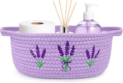 Lavender Toilet Paper Basket–Woven Rope Beautiful Lavender Bathroom Decor Organizer Toilet Tank Decorative Storage Basket, Oval Shelf Bin with Handle,Flower Wedding Paper Holder, 12" D x 5" H