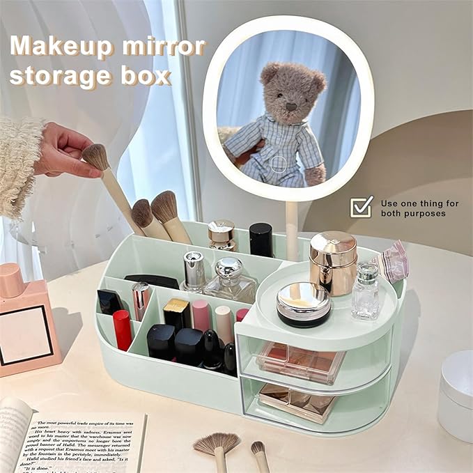 DASITON Makeup Organizer with Rechargeable Mirror,Makeup Brush Holder with 2 Drawers,Skincare and Cosmetics Organizer Countertop,Large Capacity Cosmetic Display Case for Vanity,Bedroom,Bathroom(Green)