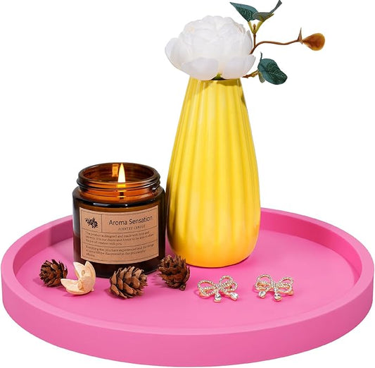 NiHome Thickened Silicone Vanity Organizer Tray for Bathroom Accessories, Kitchen Countertop, Living Room Decor, Multipurpose Shatter-Resistant Round Tray Decor for Candle Perfume Soap Plant(Hot Pink)