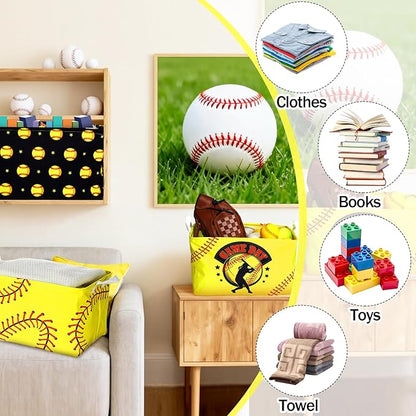 CHENGU 3 Pcs Softball Baskets Storage Bin Easter Basket for Gifts Collapsible Waterproof Canvas Cube Sports Storage Softball Organizer with Handles for Clothes Toys Balls Shelf Nursery Boxes Decor