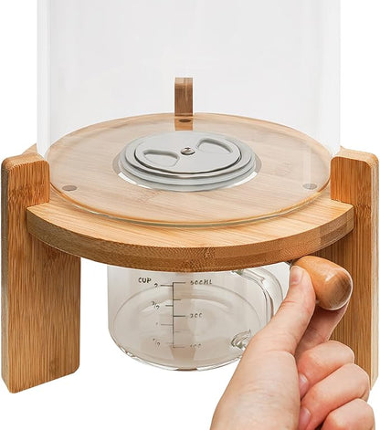DYNAMI 7.5L/2Gal Glass Rice Dispenser with Airtight Lid,Glass Cereal Dispenser w/Bamboo Stand and Measuring Cup,Bamboo Lid with Thermometer & Silicone Seal Ring,for Kitchen Organization Pantry Store