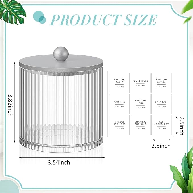 Yaomiao 6 Pcs Ribbed Bathroom Canisters Apothecary Jars with Silver Bamboo Lids and Label Stickers, 18 oz Plastic Canister with Fluted Design for Cotton Ball, Swab, Floss Picks House Storage