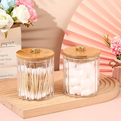 Irenare 2 Pack Glass Jars with Bamboo Lids Bathroom Canisters Apothecary Jars Set Cotton Ball Holder Bathroom Containers Cotton Dispenser Bathroom Storage Organization for Bathroom Farmhouse Favors