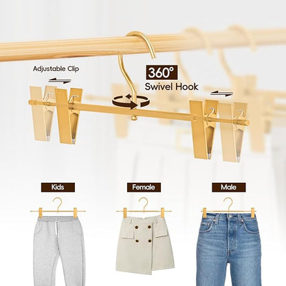 20 Pack Matte Gold Aluminum Pants Hangers with 2 Adjustable Clips & 360° Swivel Hooks, Lightweight & Sturdy, Non-Slip Rubber Pads for Trouser, Skirts, Jeans, Scarf, Camisoles, Kids & Adults