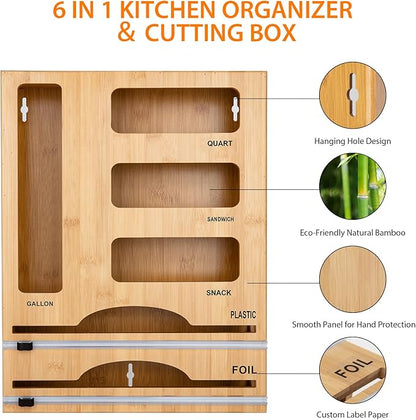 Storage Bag Organizer with Foil and Plastic Wrap Organizer , Aluminum Foil Dispenser with Cutter, Bamboo 6 in 1 Baggie Organizer Suitable for Gallon, Quart, Sandwich, Snack