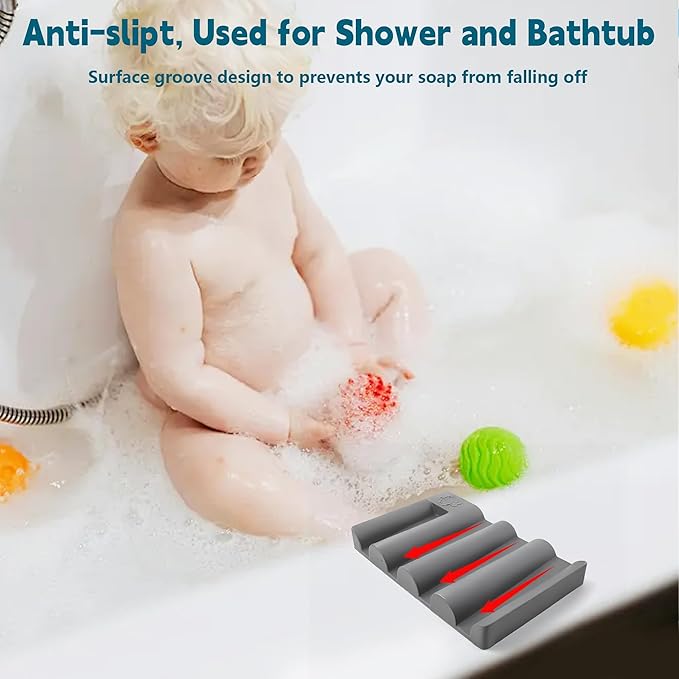 Silicone Soap Dish,Self Draining Soap Holder Perfect for Shower,Bathroom Sink,Kitchen Sink & Travel,Non-Slip Bar Soap Holder Extend Soap Life,Keep Soap Bars Dry & Easy Cleaning (White+Grey)-2Pcs