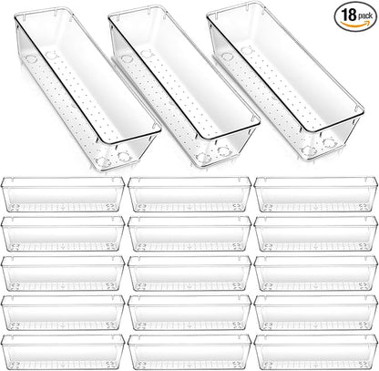 18 Pcs Clear Plastic Drawer Organizer 9 x 3 x 2 Inches Kitchen Bathroom Fridge Utensil Vanity Drawer Organizers Tray Makeup Storage Organizer Drawers Trays for Organization Office