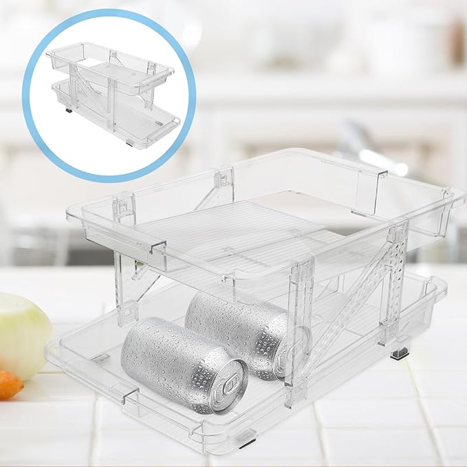 BESTonZON Refrigerator Can Organizer Bin Transparent Dual Rolling Drink Dispenser for Efficient Soda Storage Kitchen Office Living Room