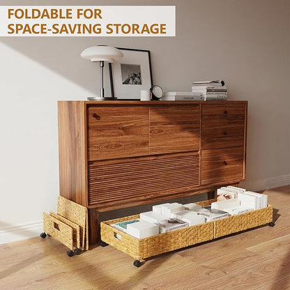 Under Bed Storage with Wheels, 31.5In/40L Large Rolling Underbed Storage Organizer Drawers Bins, Rattan Under the Bed Storage Containers with Handles, Space Saving Design for Clothes,Shoes,Books