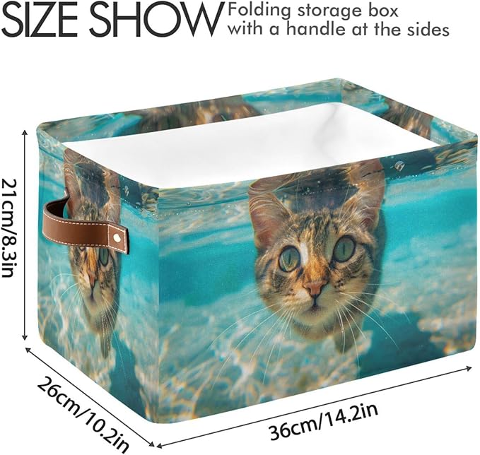 Large Storage Basket Cute Underwater Cat Storage Bin Cube Canvas Fabric Organizer Handles Collapsible for Clothes Toys Bedroom Decorative