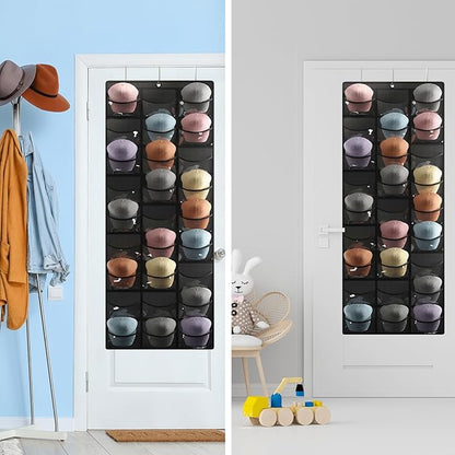 Fixwal Hat Organizer for Baseball Caps, 27 Pocket Over The Door Hat Rack for Storage Closet Wall, Cap Holder Hanger with Large Clear Pockets & 3 Hooks, Hat Storage to Protect and Display, Black