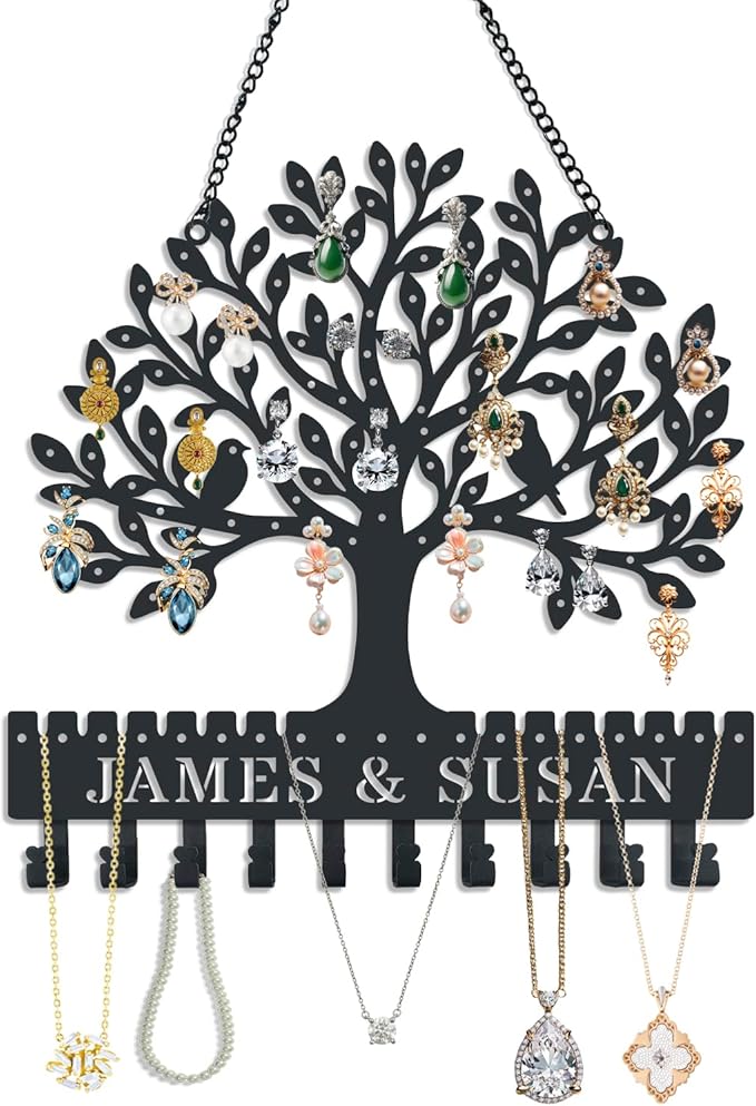 Personalized Tree of Life Metal Wall-Mounted Earring Holder, a hanging jewelry organizer with hooks, suitable for earrings, studs, necklaces, and other accessories Valentine's Day Gift
