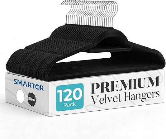 Smartor Velvet Hangers with Tie Bar 120 Pack, Non Slip Clothes Hangers with Shoulder Notches, Premium Slim Space Saving Felt Hanger for Closet Organizers and Storage, Heavy Duty Hanger for Coat, Black