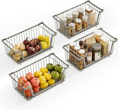 4 Pack Stackable Wire Baskets with Handles for Pantry Organizers and Storage, Fruit and Vegetable wire storage baskets, Potato and Onion Storage Bin, Metal Baskets for Organizing Snacks, Cans (Gray)