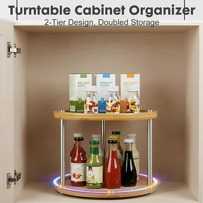 2 Tier Lazy Susan Organizer,Revolving Spice Rack,10 inch Wood Lazy Susan Turntable for Cabinet, Shelf, Countertop, or Table