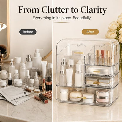 Luxury Makeup Organizer with 3 Drawers & Dustproof Flip Lid, Large Capacity Cosmetic Display Case for Vanity, Clear Countertop Skincare Storage with 6 Lipstick Slots