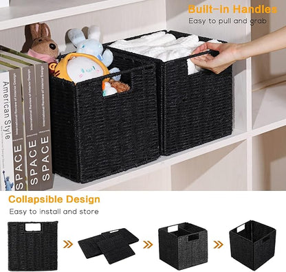 Vagusicc Wicker Basket, Set of 2 Woven Storage Baskets for Shelves, Foldable Cube Storage Basket Bins with Handles, 9 inch Small Storage Baskets for Organizing Pantry Bedroom, Black