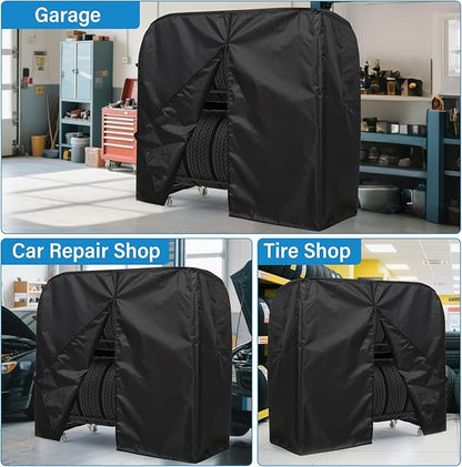 Tire Storage Rack 57" x 55.1" x 20" w/Anti-dust Cover, Adjustable Rolling Tire Rack for Garage Black w/4 Swivel Casters & 2 Storage Shelf for Garage Storage