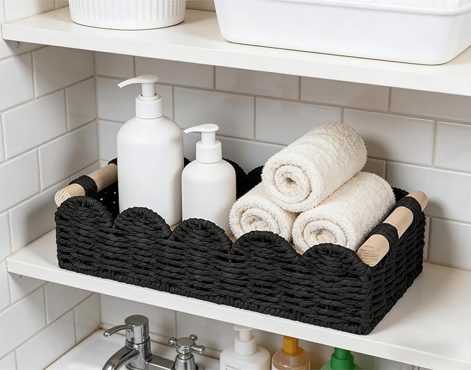 CubesLand Toilet Paper Storage Basket Organizer, Small Wicker Toilet Tank Top Decorative Baskets for Countertop, Handwoven Scalloped Basket w/handle for Home Decor, Living Room, Bedroom, Black