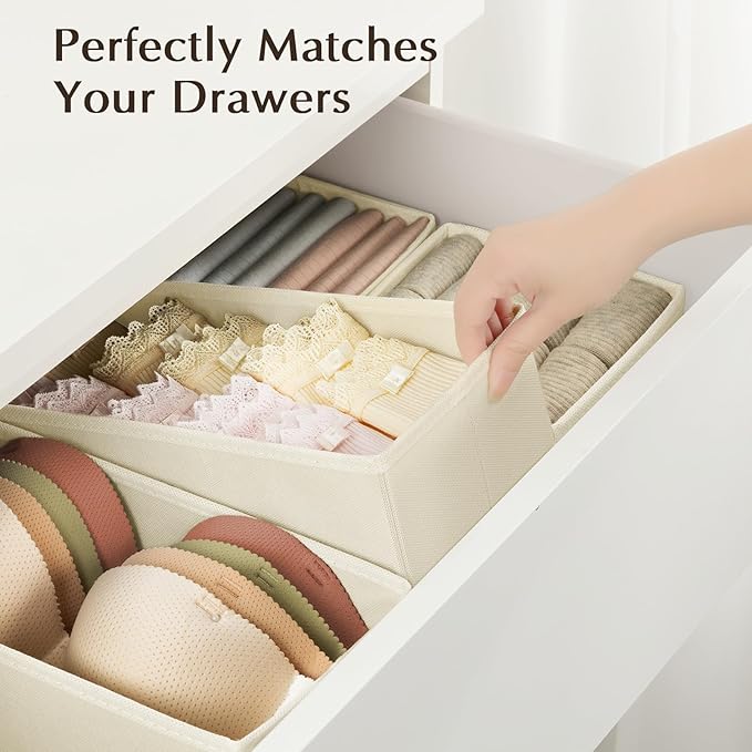 DIMJ Drawer Organizers Clothes, Dresser Organizer Bins for Baby Clothes,Underwear and Sock, Fabric Closet Organization and Storage Boxs, Drawer Dividers for Nursery, Clothing, Tie - 4 Pack, Beige