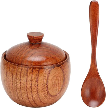Wood Salt Cellar with Lid and Spoon, Wood Salt Container Box Small Spice Containers for Storing Seasonings, 3.5x2.4 Inches