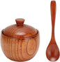 Wood Salt Cellar with Lid and Spoon, Wood Salt Container Box Small Spice Containers for Storing Seasonings, 3.5x2.4 Inches