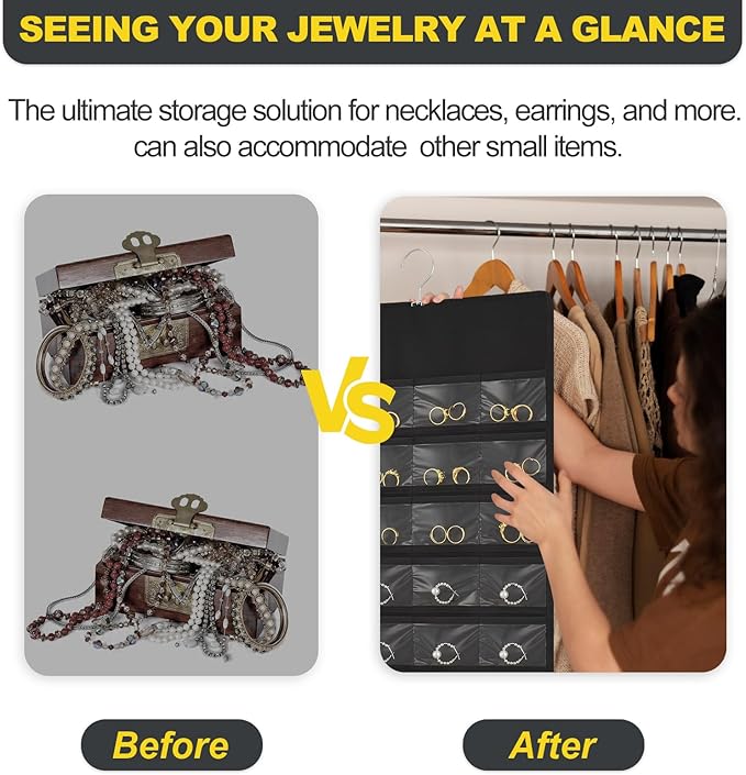 Hanging Jewelry Organizer with Multi-size pockets Double-Sided Jewelry Holder for Earrings, Necklaces, Rings on Closet, Wall, Door,Jewelry Organizer Hanging for Closet, Black