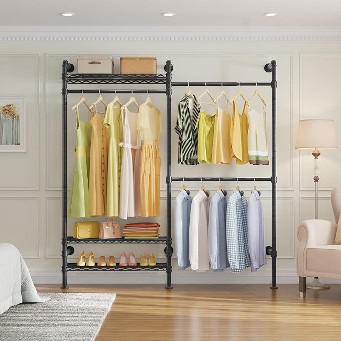 Timate F2 Industrial Pipe Clothes Rack Wall Mounted Clothing Rack for Hanging Clothes, Expandable Garment Racks Heavy Duty Wardrobe Closet Organizer and Storage, Black Adjustable Industrial Closet Kit
