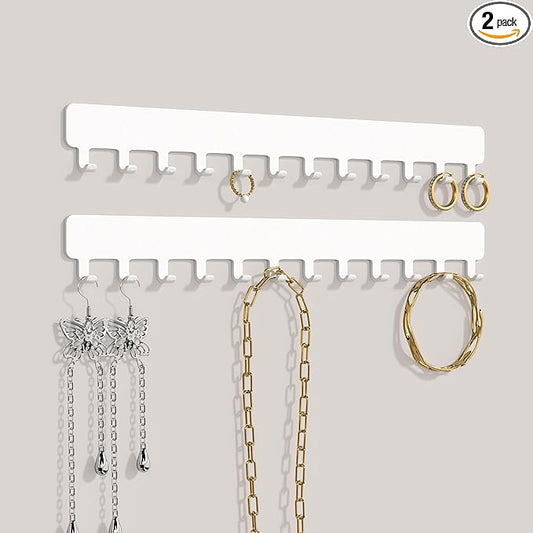 Bussdis Necklace Holder - Hanging Jewelry Organizer, Self-Adhesive, Wall Mount, 2 Pack, White