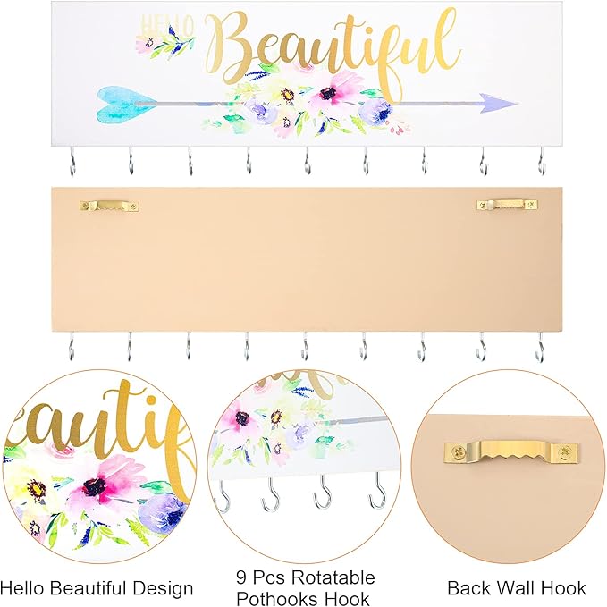 Jetec Hair Bow Organizers, Hair Clip Holders, Hello Beautiful Wall Mount Jewelry Holder with 9 Hooks for Room(Beautiful Style)