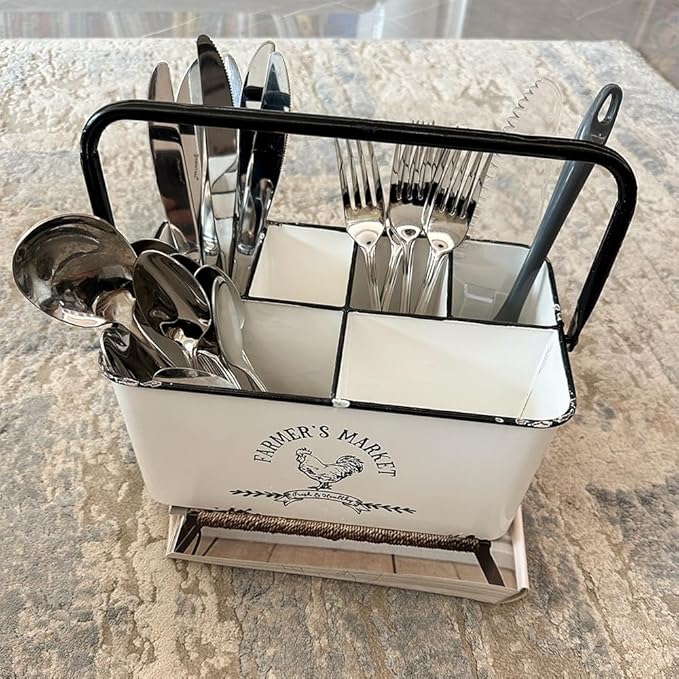 Distressed White Rustic Metal Silverware Caddy Utensil Holder with 6 Compartments & Napkin Slot – Portable for Parties, Picnics, Countertop & Kitchen