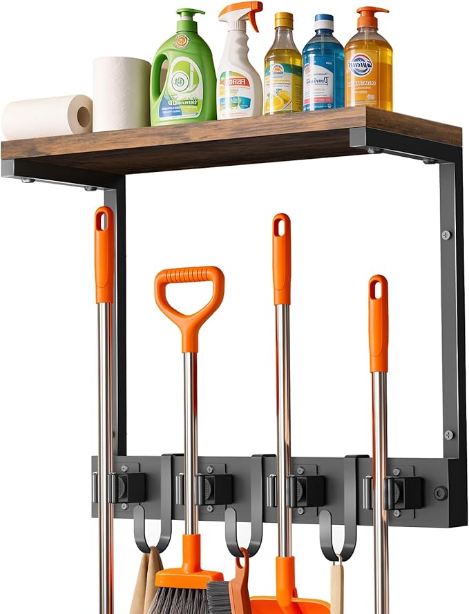 Supforce Broom Holder Wall Mount with Top Wooden Shelf, Heavy Duty Metal Cleaning Supplies Broom Hanger with 4 Slots & 3 Hooks for Laundry Garage Tool Storage Kitchen (Small)
