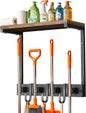 Supforce Broom Holder Wall Mount with Top Wooden Shelf, Heavy Duty Metal Cleaning Supplies Broom Hanger with 4 Slots & 3 Hooks for Laundry Garage Tool Storage Kitchen (Small)