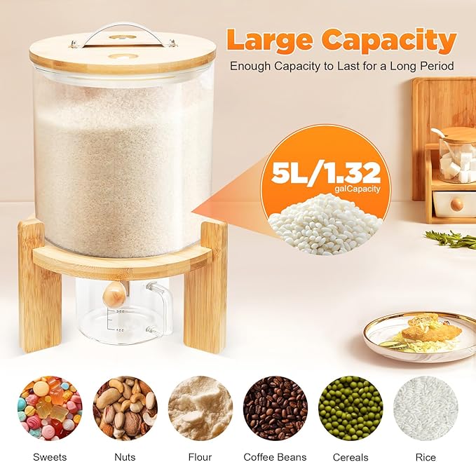 Glass Rice Dispenser with Airtight Lid, Bamboo Stand for Kitchen Pantry Organization (5L/1.38Gal)