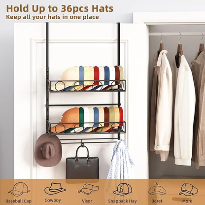 Over Door Hat Organizer 3 Tier Wall Mounted Hat Rack with 2 Adjustable Metal Basket and 3 Hooks Hat Organizer for Baseball caps Hat Hanger Holder Display for Door Closet, Cap Organizer Storage