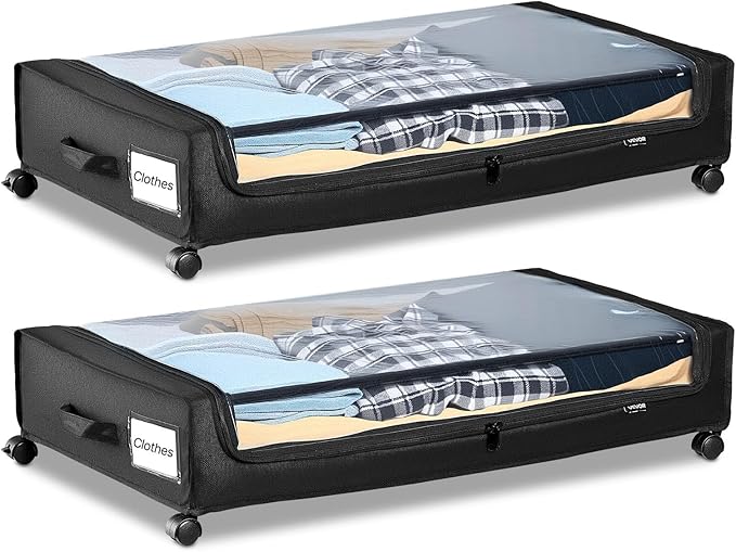 VEVOR Under Bed Storage with Wheels, 30.3 x 18.5 x 6.8 inch, Underbed Containers with Clear Lid, Underbed Shoe Organizer, Rolling Under the Bed Storage Bins for Clothes Shoes Blankets Bedroom, 2 Pack
