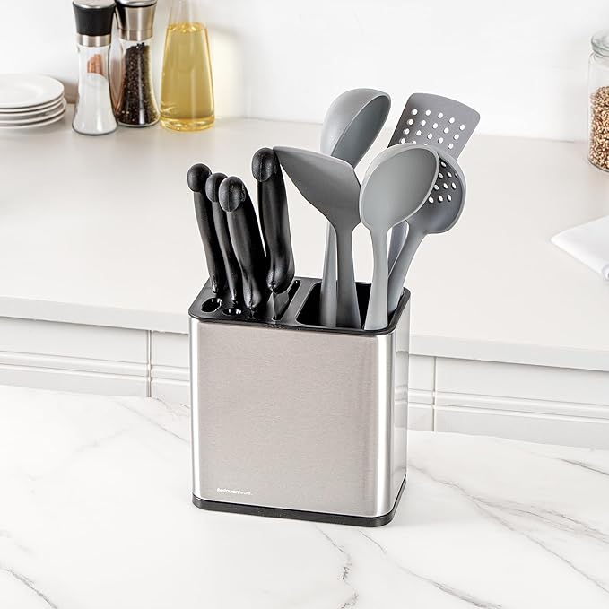 Restaurantware Stainless Steel Utensil Holder 1 Count 7.7 x 4.6 x 7.8 Inches Durable Cutlery Storage Flatware Organizer Rust-Resistant Sink Caddy Silver Kitchenware Holder