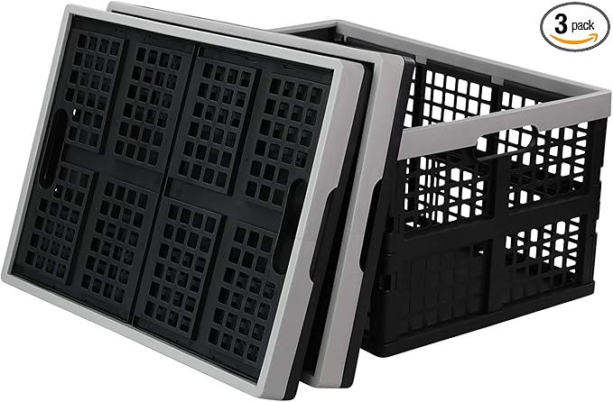 Vababa 42 L Plastic Stackable Collapsible Storage Crate, 3-Pack Stacking Folding Storage Basket